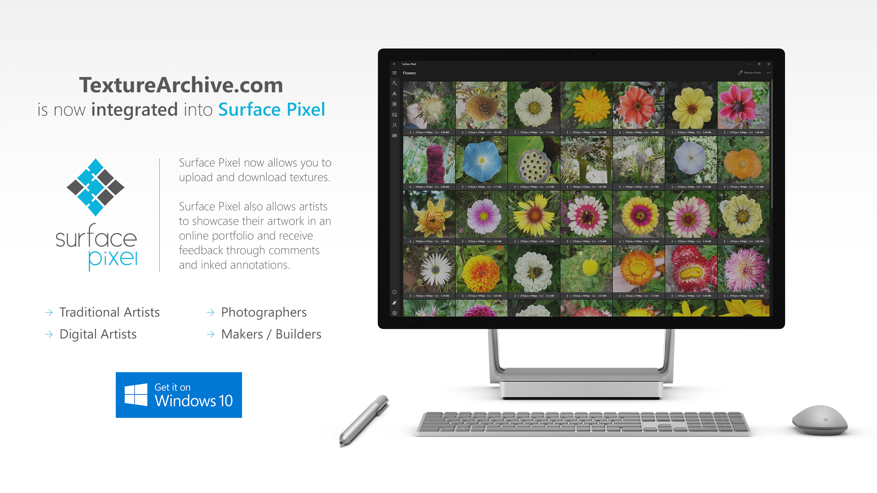 Surface Pixel is a Windows 10 App offering Uploading and Downloading of Textures and Artist Portfolios